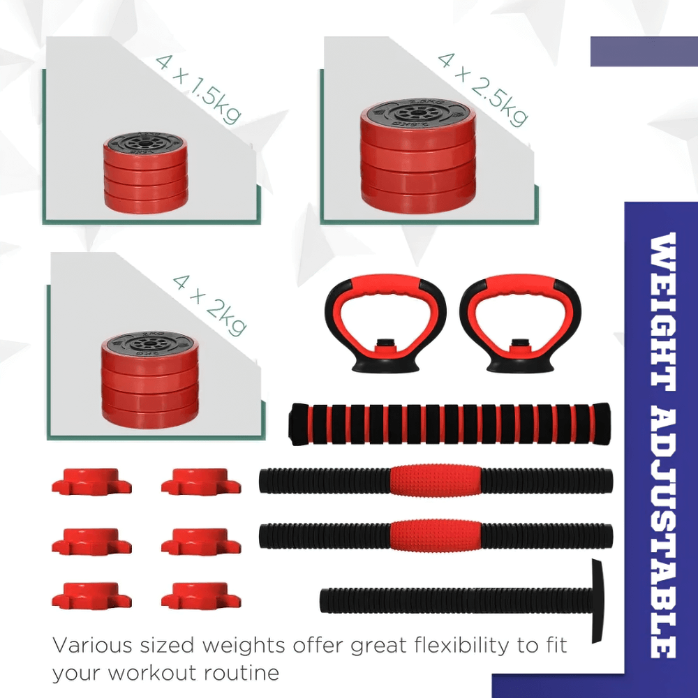 Adjustable multifunctional dumbbell set with weights, handles, and accessories for versatile home gym workouts, model SF3336.